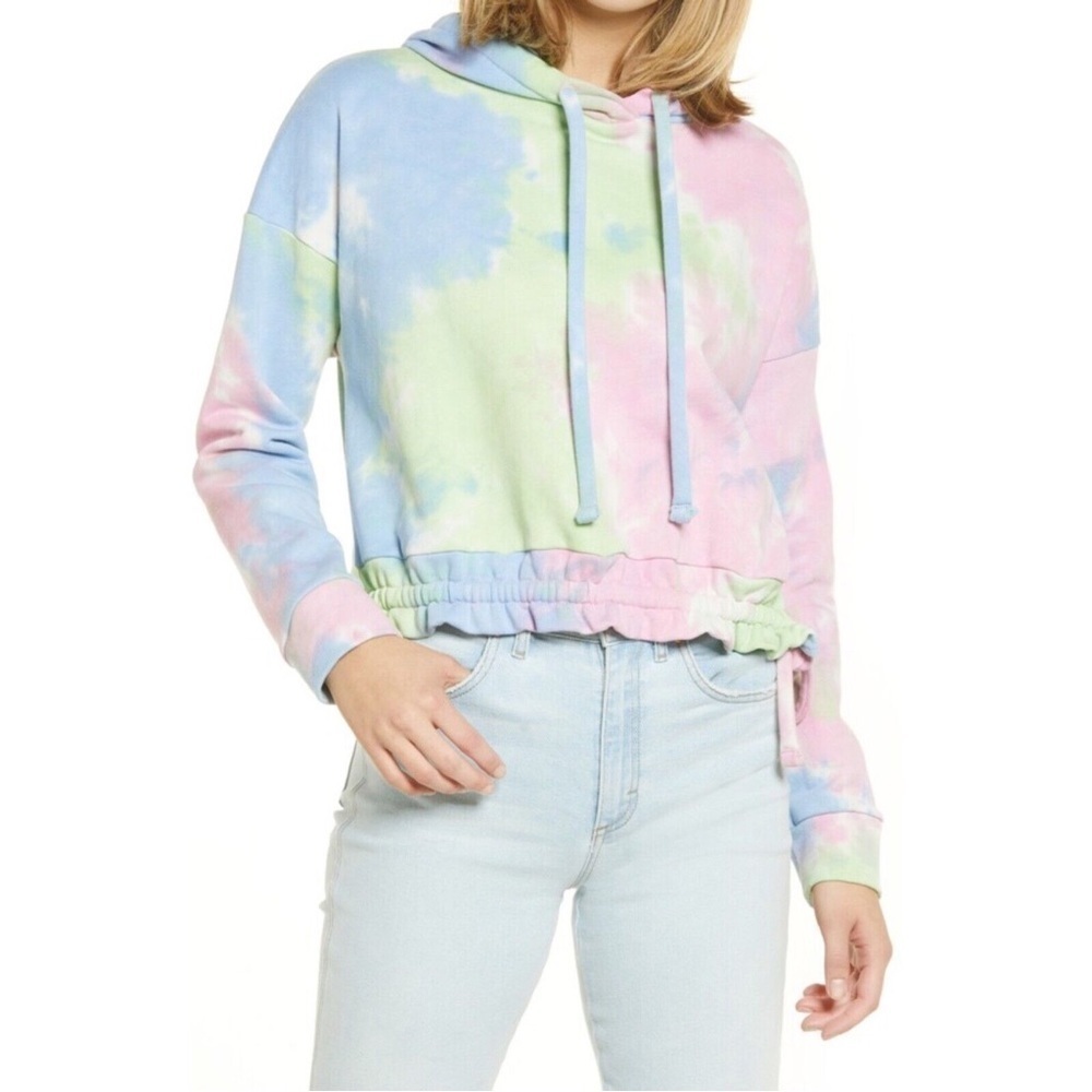 Blank NYC Tease Me Tie Dye Hoodie cropped pullover XL cotton rainbow pastel